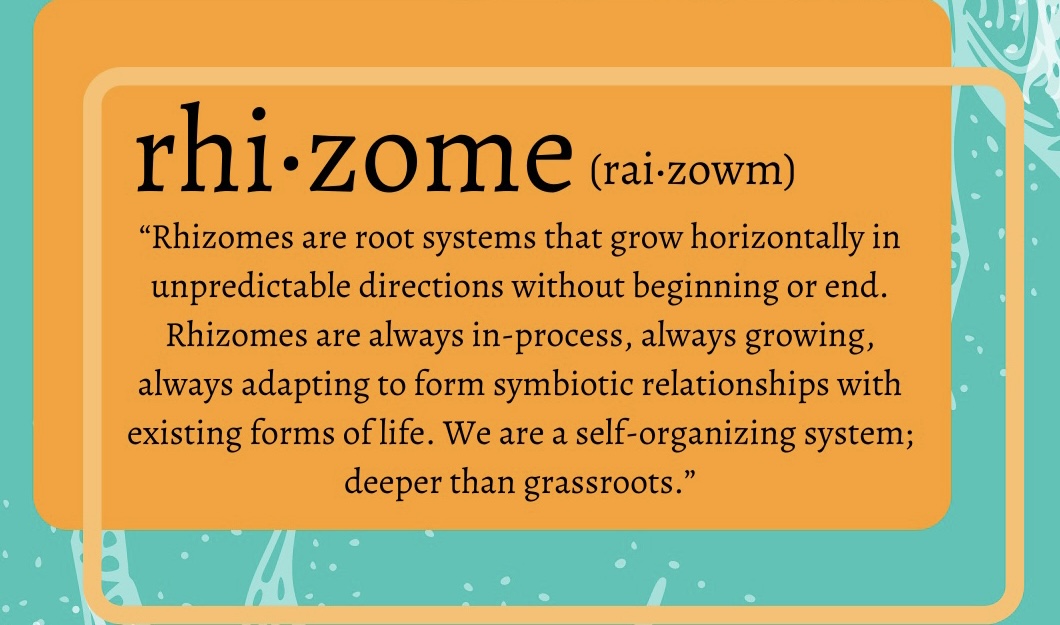 Rhizomes are root systems that grow horizontally in unpredictable directions without beginning or end. Rhizomes are always in-process, always growing, always adapting to form symbiotic relationships with existing forms of life. We are a self-organizing system; deeper than grassroots.