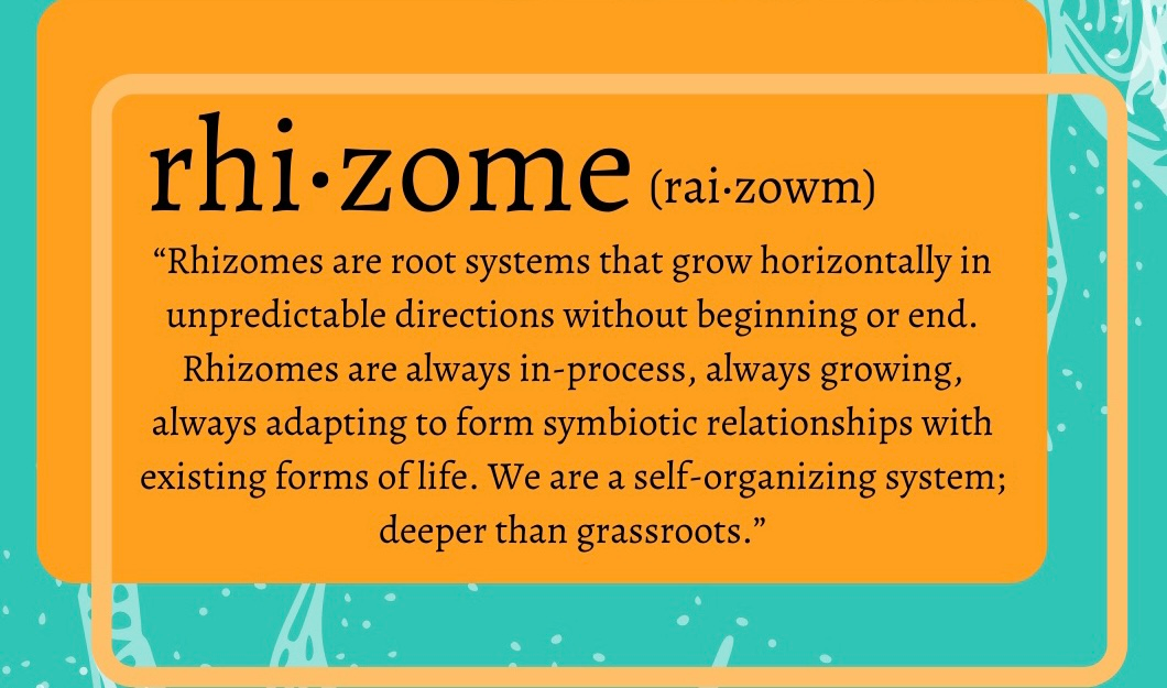 rhizome: Rhizomes are root systems that grow horizontally in unpredictable directions without beginning or end. Rhizomes are always in-process, always growing, always adapting to form symbiotic relationships with existing forms of life. We are a self-organizing system; deeper than grassroots.